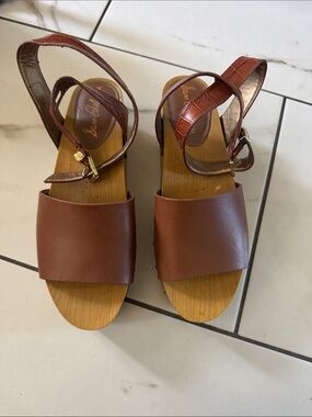 Sam Edelman Brown Leather Wooden-Look Block Heel Sandals